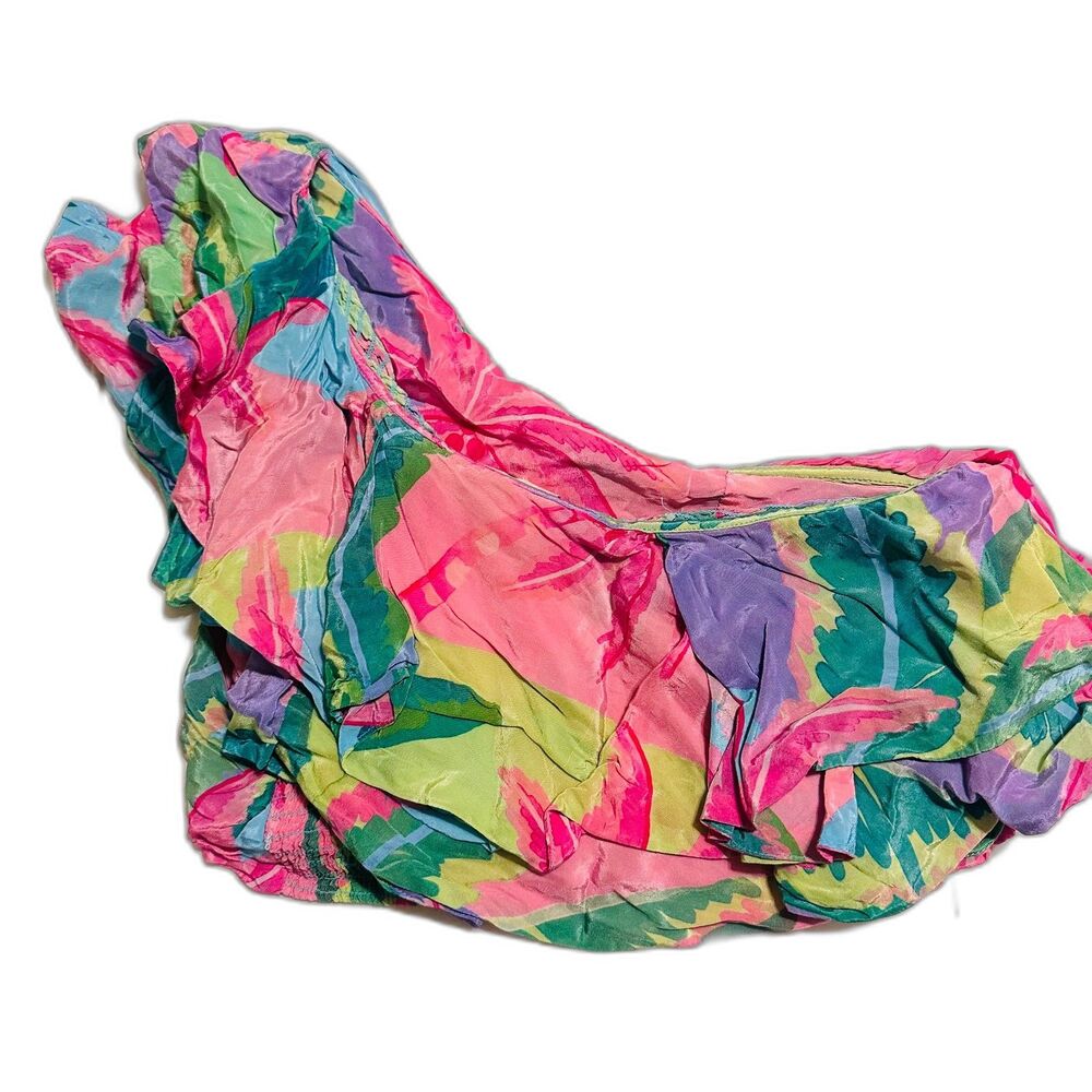 FARM RIO Boho Beach Vibe Botanical Fun Vibrant Ruffled Short One shoulder Top M